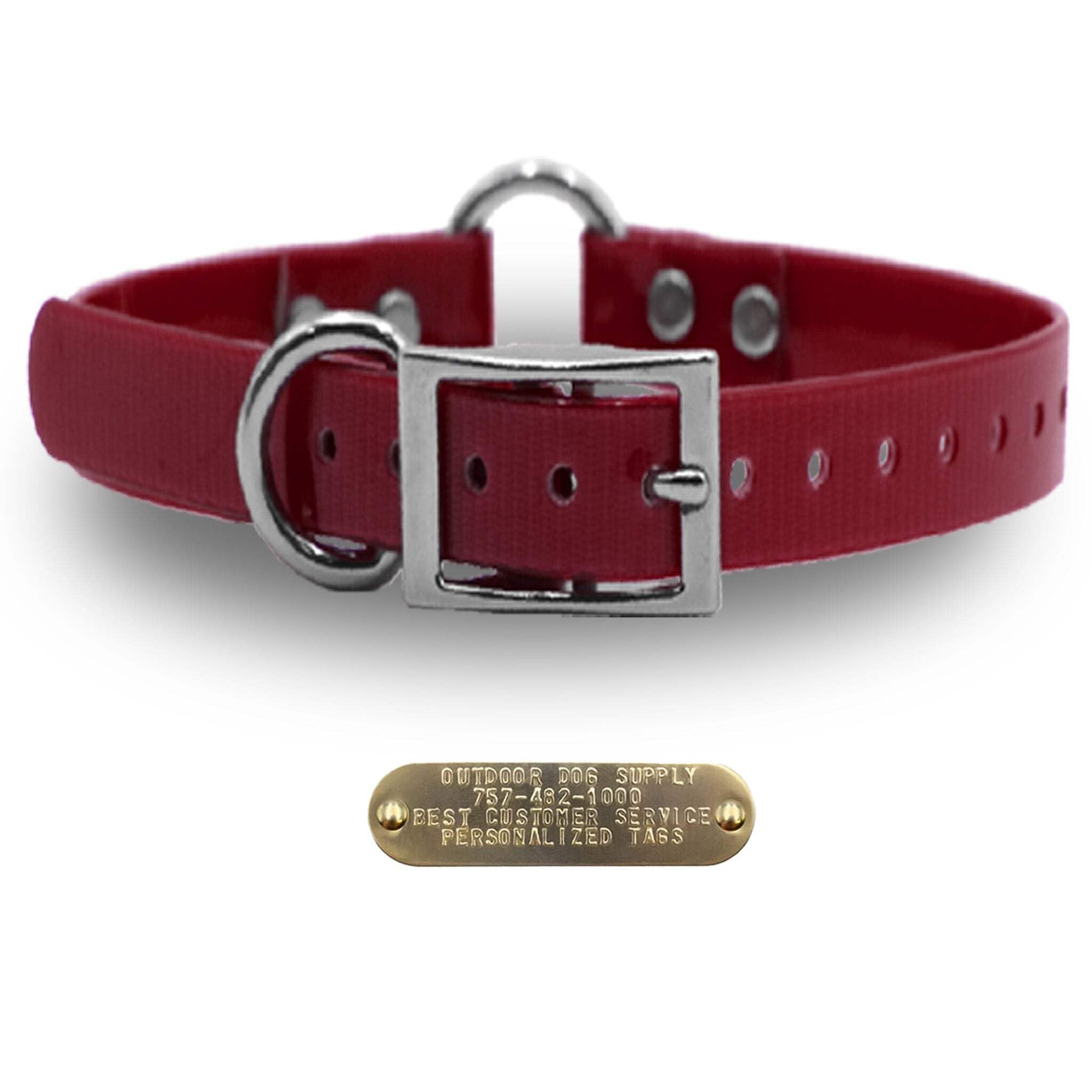 Outdoor Dog Supply 1" Heavy Duty Waterproof D-Ring & Center O-Ring Dog Collar for Medium & Large Dogs | Custom 3/4" Brass Nameplate (Burgundy, 21")
