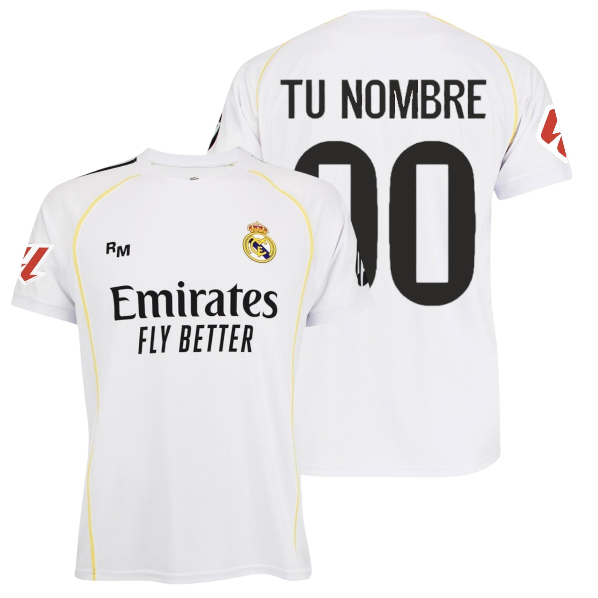 Real Madrid Camiseta LaLiga Parche Oficial Personalizable con tu Nombre y número, diseño clásico Blanco con Escudo y patrocinador Oficial.