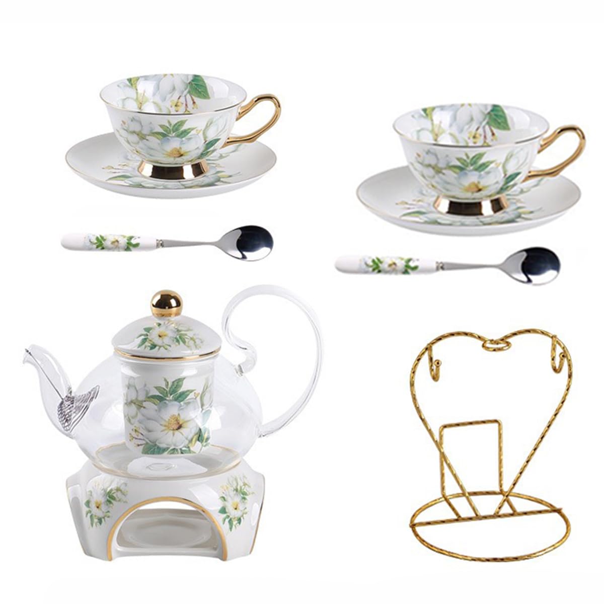 9 Stück Europäischen Blumen Tee Set,Muster Bone China Tee Set Service Kaffee Set, Beheizte Glas Teekanne, Für Geschenk Und Haushalt, Hochzeit (Kamelienblüten-Muster)