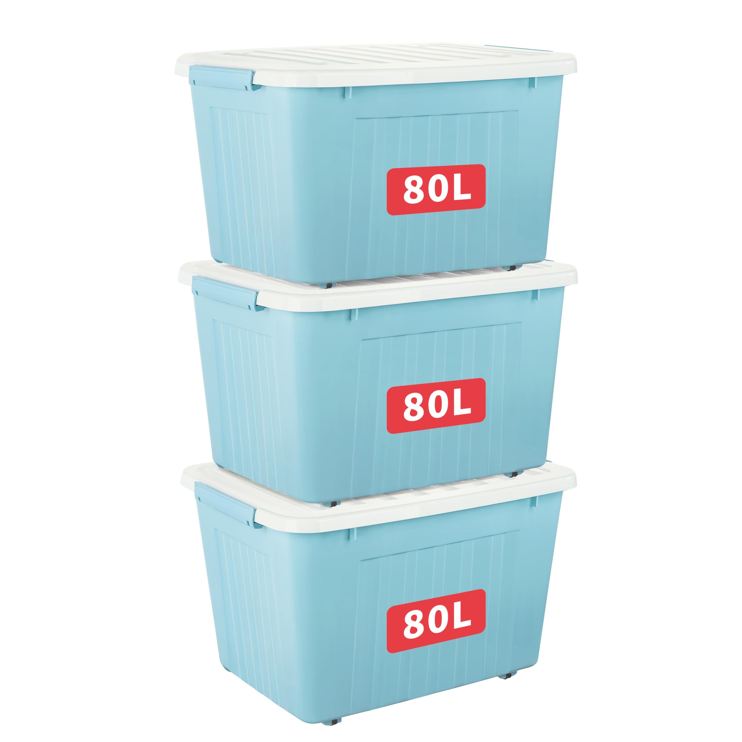 Cetomo 80L*3 Storage Boxes with Wheels, Plastic Storage Box with Lid, Latching Buckles, Click Closure, Stackable, Nesting, Durable Organizer for Home Office Clothes, Blue, 80L-3 Pack