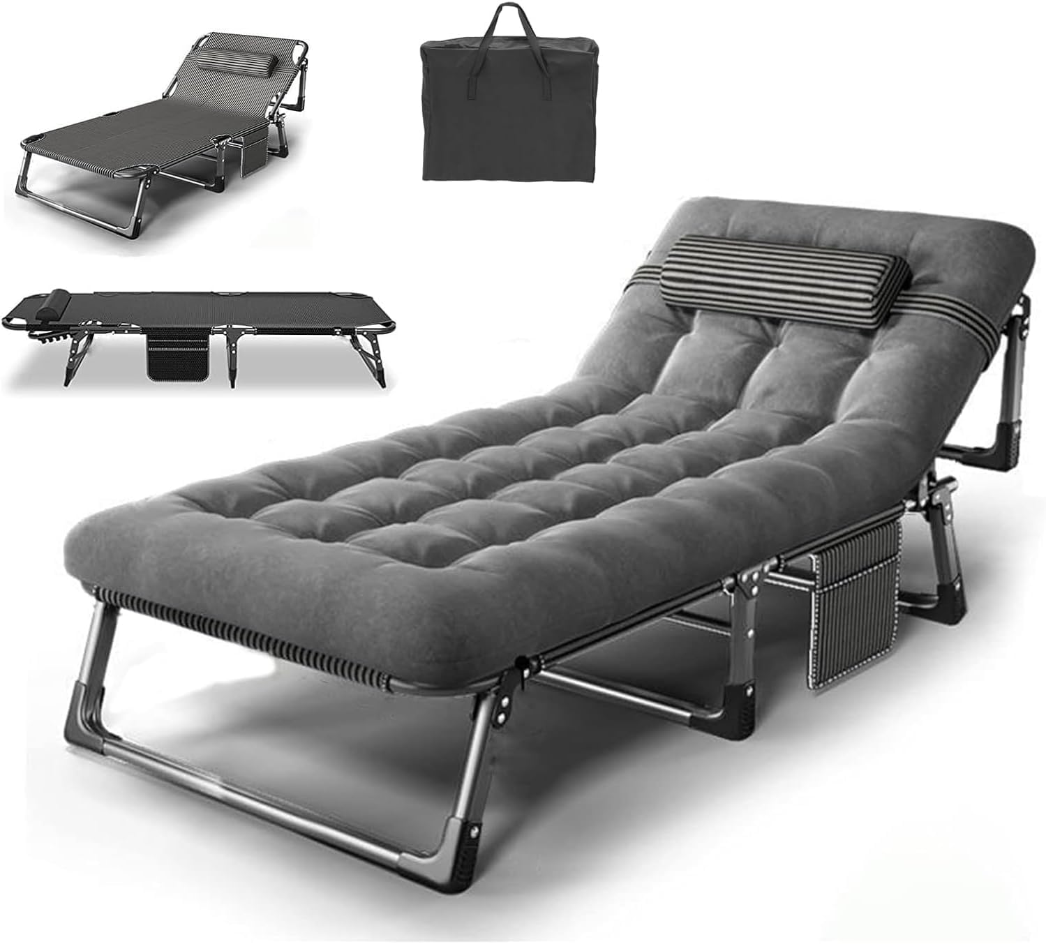 Portable Folding Camping Cot,Oversize 29.5in Adjustable Adults Reclining Lounge Chairs With Pillow,Outdoor Folding Lounge Chair Sleeping Cots Bed,Perfect for Camping,Office,Pool,Beach