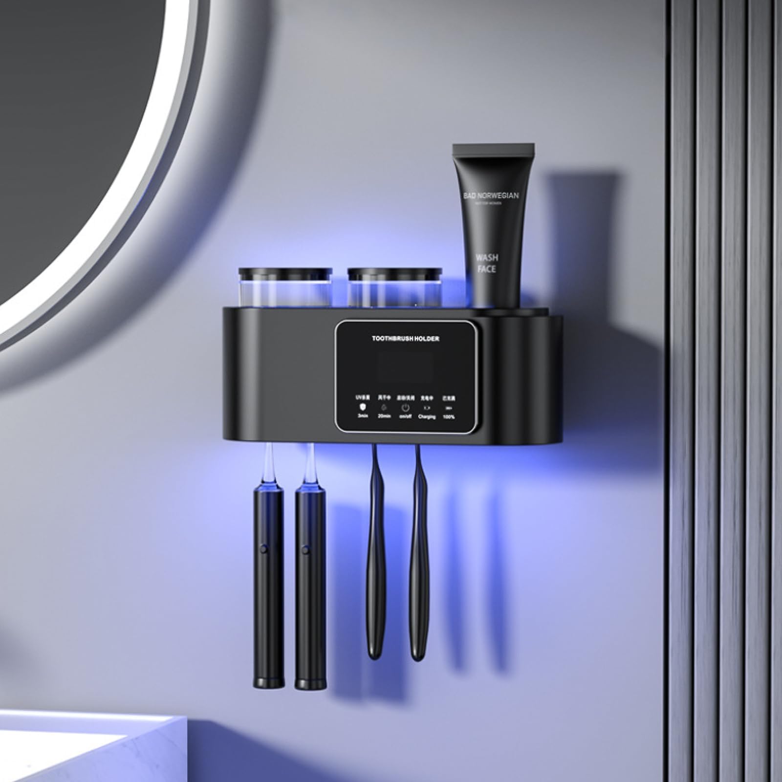 Toothbrush Holder Multi-Function, Electric Toothbrush Holders Wall Mounted with Smart Drying & Cleaning, Toothbrush Holders with Solar Charging, Toothbrush Organizer with 2 Cups 4 Brush Slots (Black)