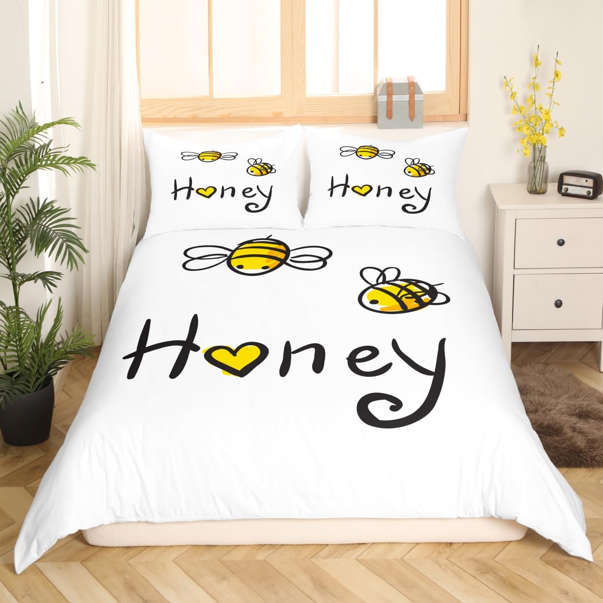 Loussiesd Bee Bedding Set Honey Hive Duvet Cover Set King Size White for Kids Boys Girls Cute Bee Comforter Cover Simple Soft Bed Cover Bedroom Collection 3Pcs - Image 3