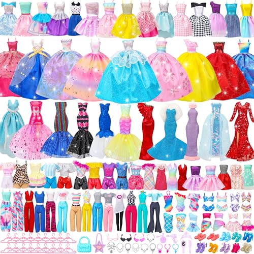 Style Shine 70 Pcs Doll Clothes and Accessories,4 Wedding Gowns 2 Evening Dresses 8 Fashion Dresses 6 Set Casual Outfit Top and Pant 2 Swimsuit,18 Hanger 10 Shoe 20 Accessories Toys for Girls Kid Gift