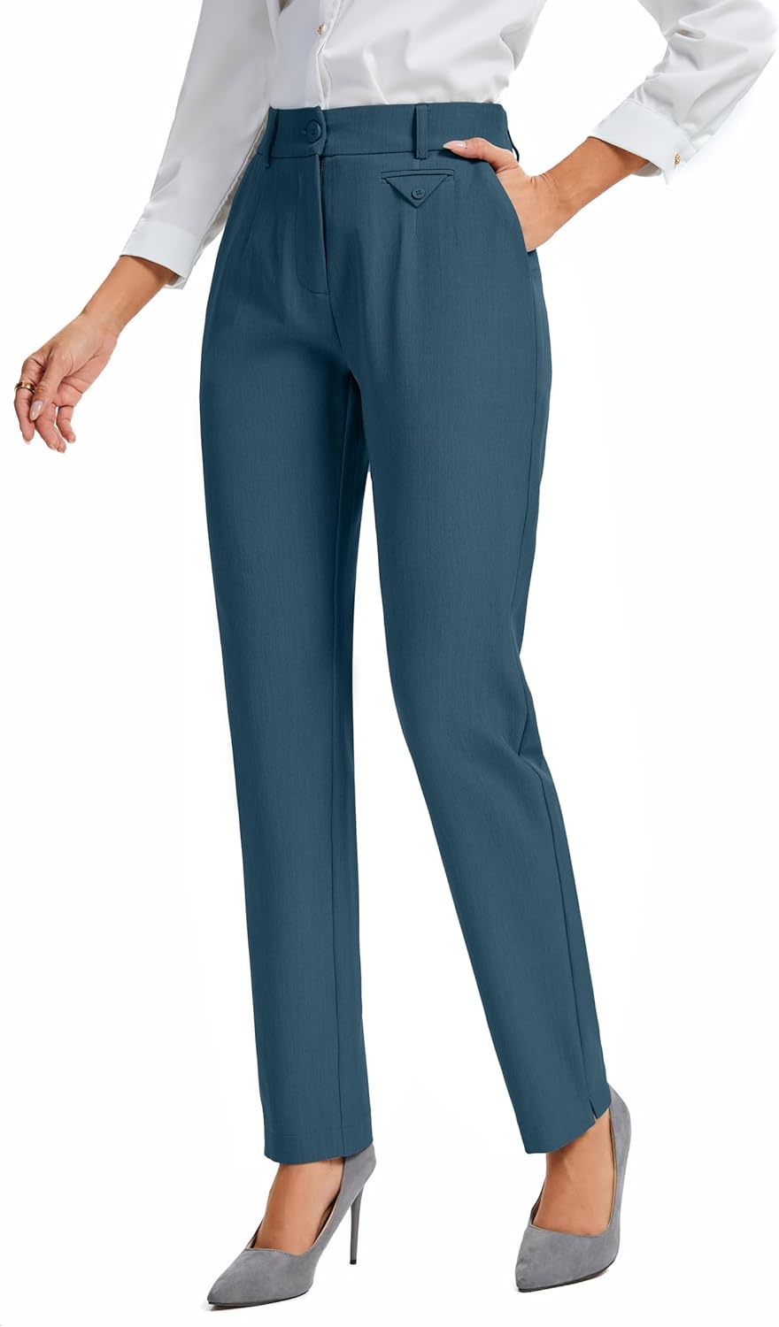 FUNYYZO Women’s Stretch Business Work Pants with Pockets Wear to Work Casual Suitpants Long Straight Trousers