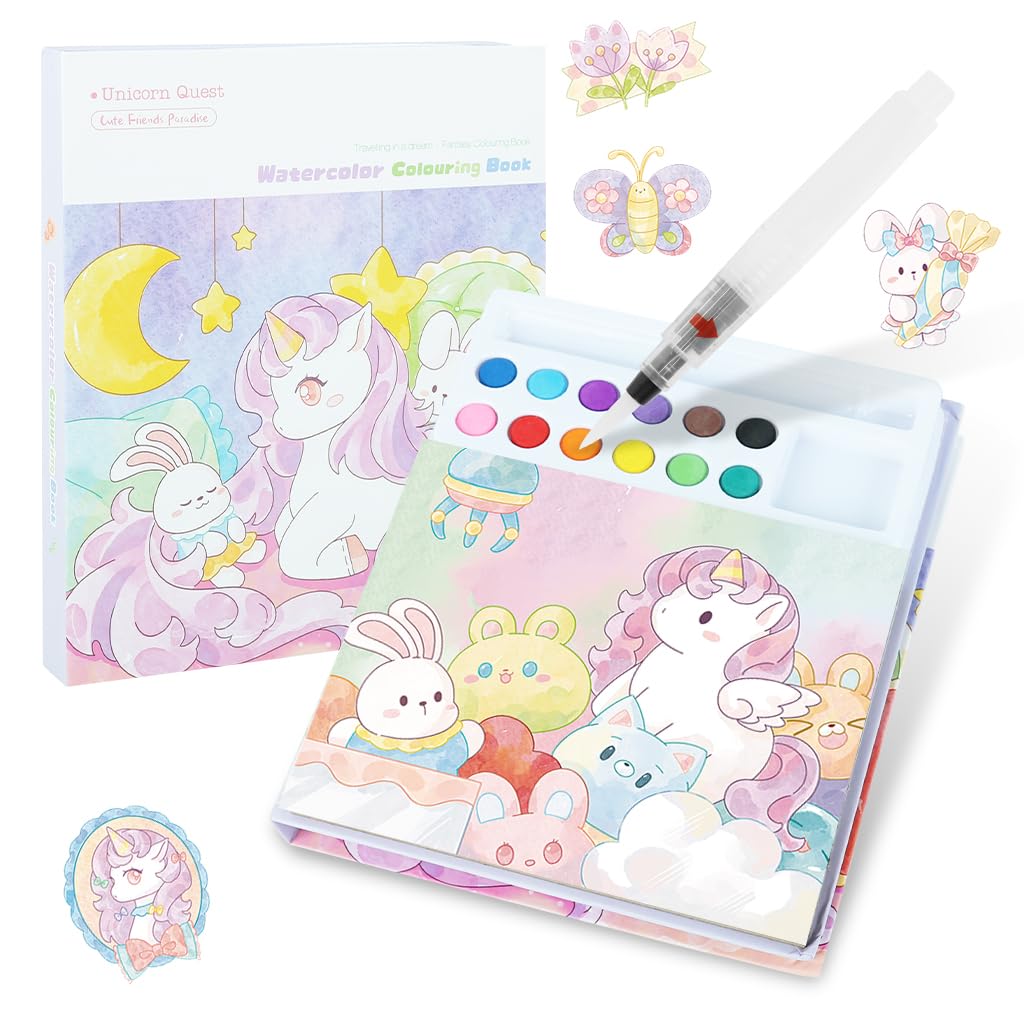 PATPAT® Cartoon Watercolor Coloring Book, Includes 18 Dreamy Cartoon Unicorn Castle Scenes Themes & 24Pcs Coloring Punched Bookmarks, 12-Color Water-Based Pigments, Brush Pen, Painting Instructions-image-17