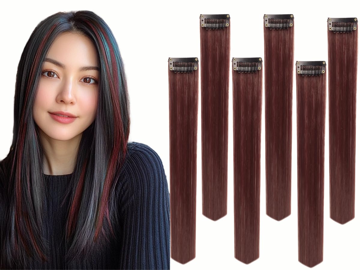 Coloured Hair Extensions for Women & Girls – 20 Inch Highlight Strips, Burgundy Color Hairs Streaks, Heat-Resistant Fiber, Rivet Lock System, Instant Streaks & Colour Extension (6)-image-24
