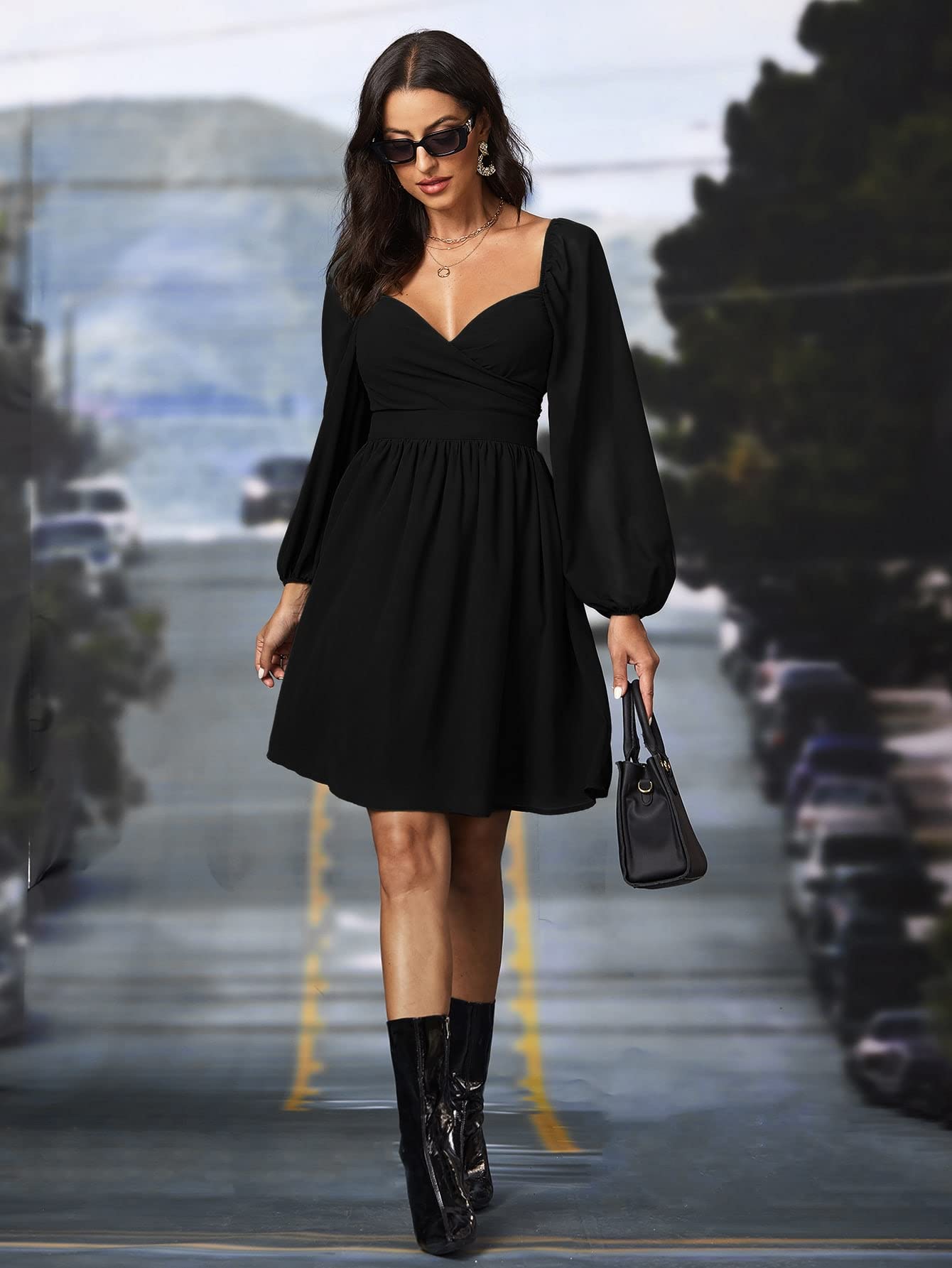 womens black dresses with sleeves Wool Midi Dress  Handmade Vintage Fit & Flare Pleated Long Sleeve 1614 Black / Custom order The dress is perfect for weddings Black Long Sleeve Maxi Dresses