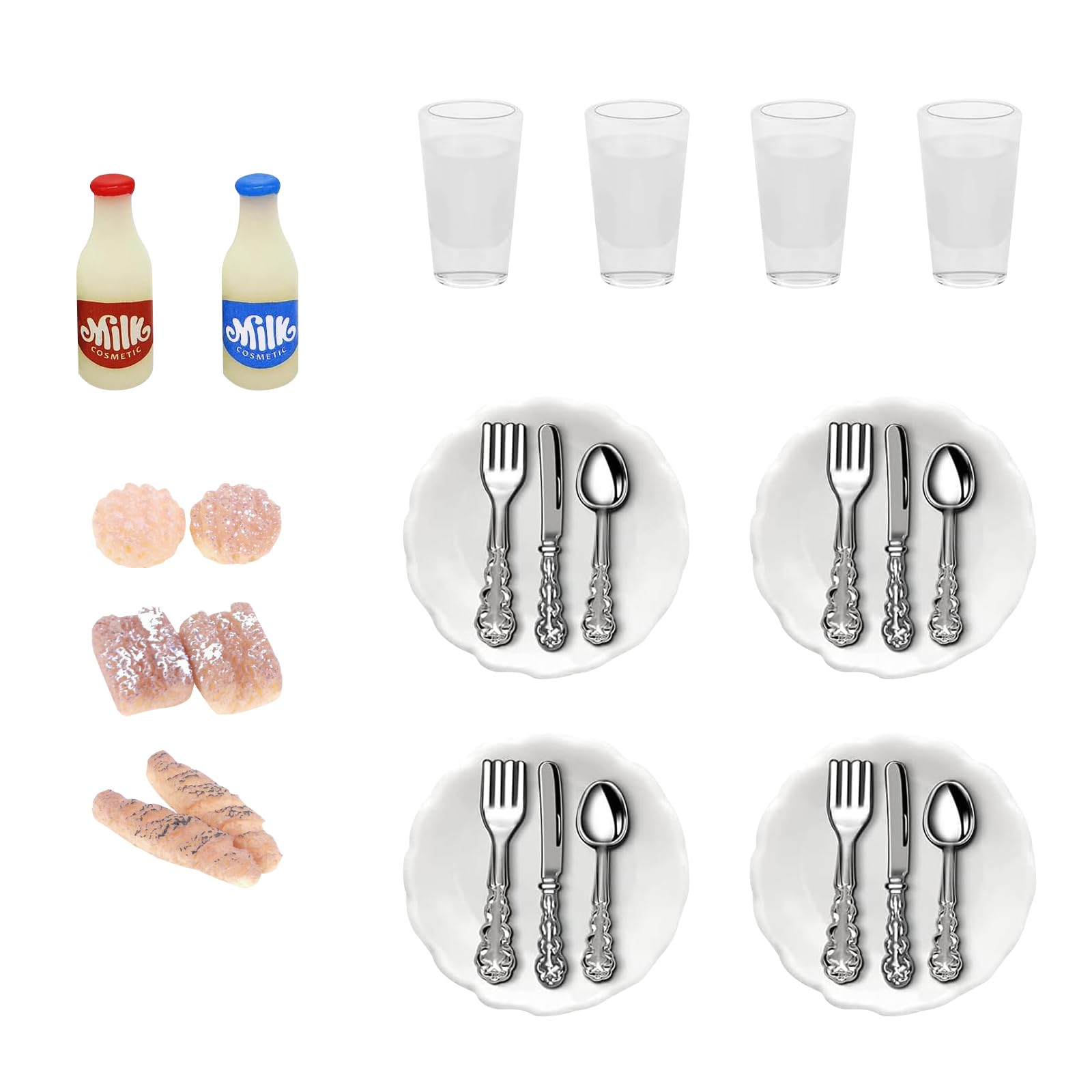 Miniature Dollhouse Food Drink, 16Pcs Mini Doll Plates Knife 1:12 Dolls House Kitchen Decor Miniature Dollhouse Breakfast Food Scene Milk Model DIY for Dollhouse Decoration Pretend Play