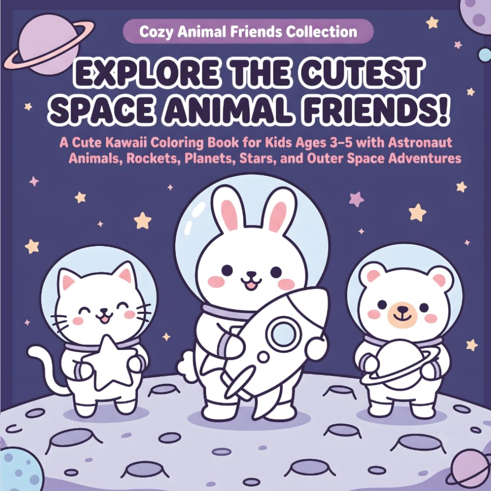 Explore the Cutest Space Animal Friends!: A Cute Kawaii Coloring Book for Kids Ages 3–5 with Astronaut Animals, Rockets, Planets, Stars, and Outer Space Adventures