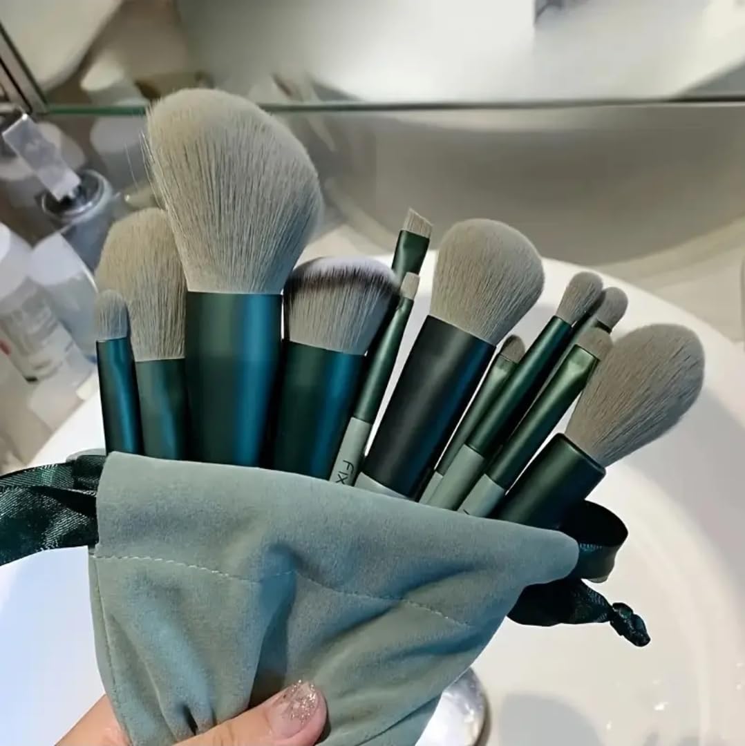 13 Professional Makeup Brushes, Oval Shape, Perfect for Foundation Eyebrow, Blending, Eye Shadow Powder, Greenery - Image 3