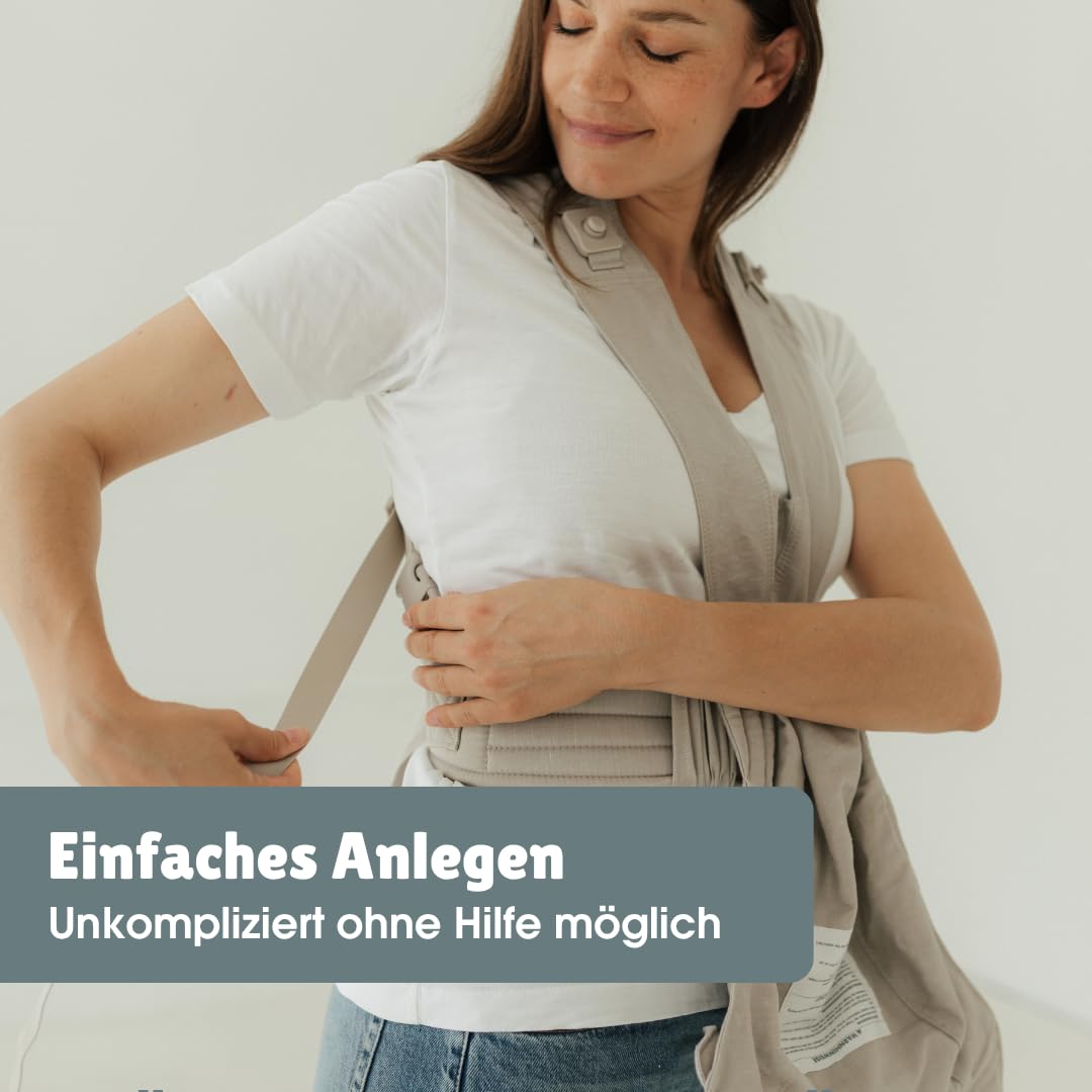 emma & noah Premium Babytrage – mitwachsend 3,5–15kg, ergonomisch, leise Magnetverschlüsse, gepolsterte Gurte & Hüftgurt, Leinen & Bio-Baumwolle (Essential Beige)