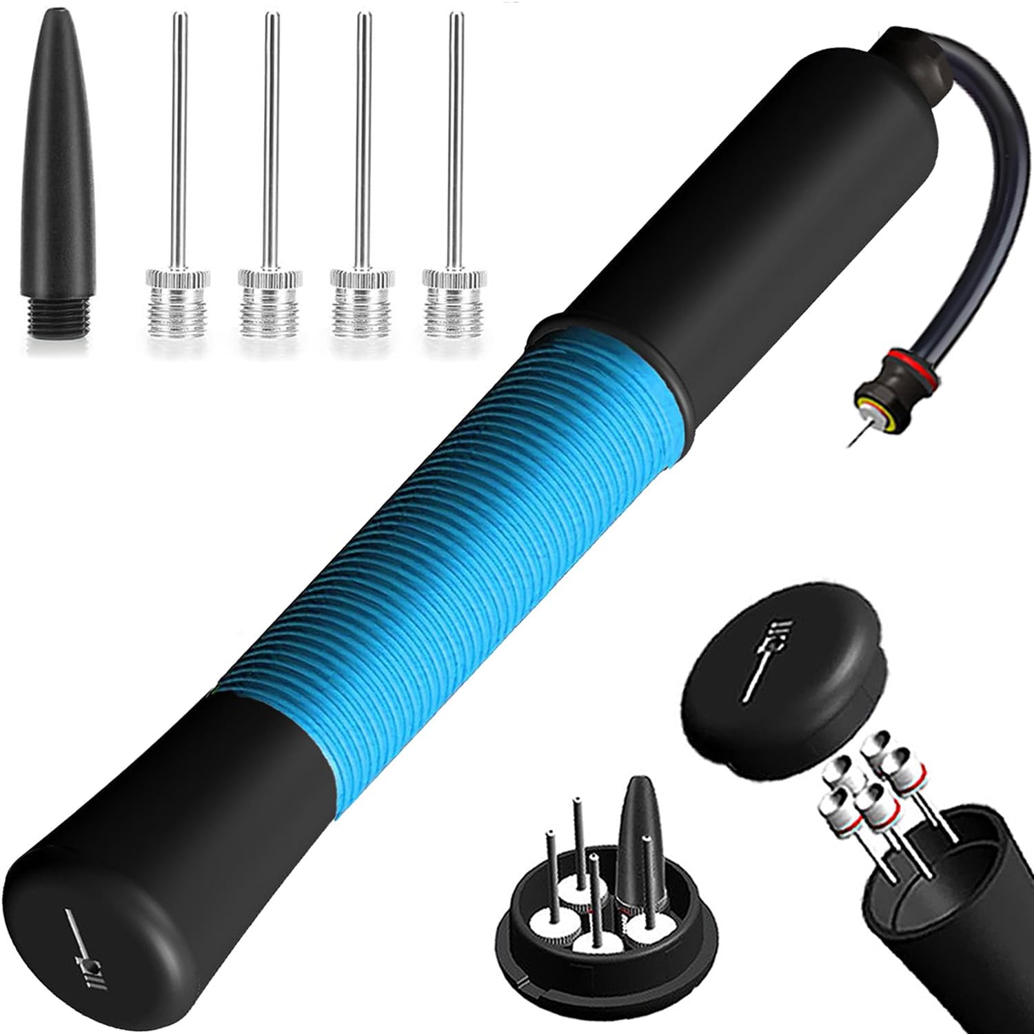 Ball Pump with Needle Storage(Never Lose Pin) Basketball Pump with 5 Needles and Extendable Cable, Soccer Football Pumps, Volleyball Pump Rugby Ball Inflator – Great for All Balls – 1&2 Pack Available