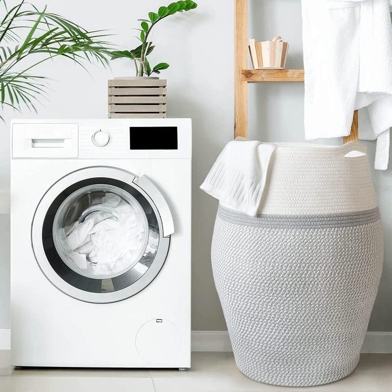 Image of GRATIFY Large Woven Rope Laundry Basket, 80 L Tall Dirty Clothes Hamper with Handles Storage Blankets, Toy for Bedroom, Living Room (Mix Grey White 1 Pcs)