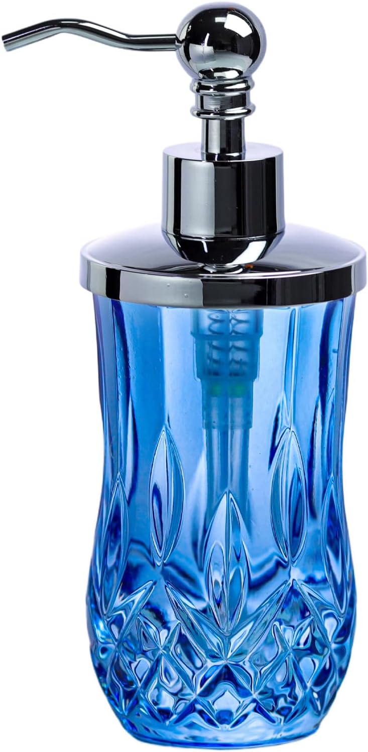 Dispensador de jabón de vidrio azul con patrón de rejilla de diamante de 9 onzas con bomba de acero inoxidable a prueba de óxido, dispensador de