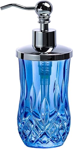 Miniatura 1 de Dispensador de jabón de vidrio azul con patrón de rejilla de diamante de 9 onzas con bomba de acero inoxidable a prueba de óxido, dispensador de