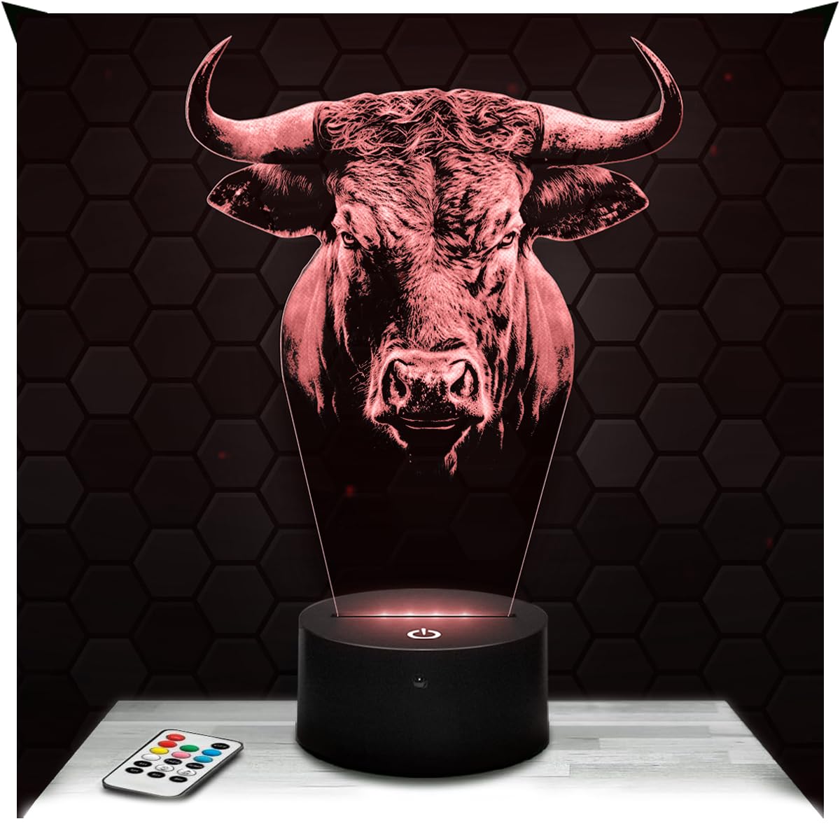 Lampephoto.fr - Lampe Tête de Taureau Veilleuse 3D Bovin, Boeuf | Fait en France, Socle et Format au Choix, Luminosité Ajustable, Piles/USB, Gravure HD au Laser, Idée cadeau Homme, Femme