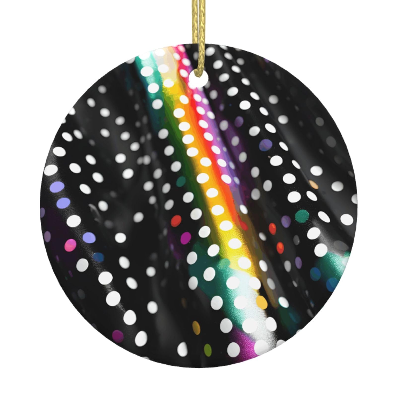 Glitter Rainbow Polka Dot Stripe Black And White Print Christmas Ornaments, Ceramic Hanging Ornament, Round Shape Decorations
