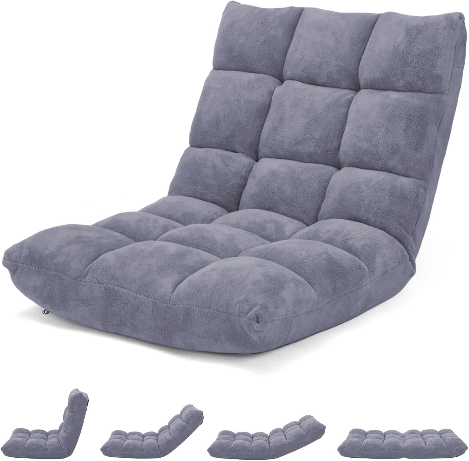 FANTASK Silla de Suelo con Respaldo Ajustable en Color Gris, cojín de Suelo Plegable, Silla de meditación, Silla de Suelo Acolchada, sillón de Relax para Ocio y Yoga
