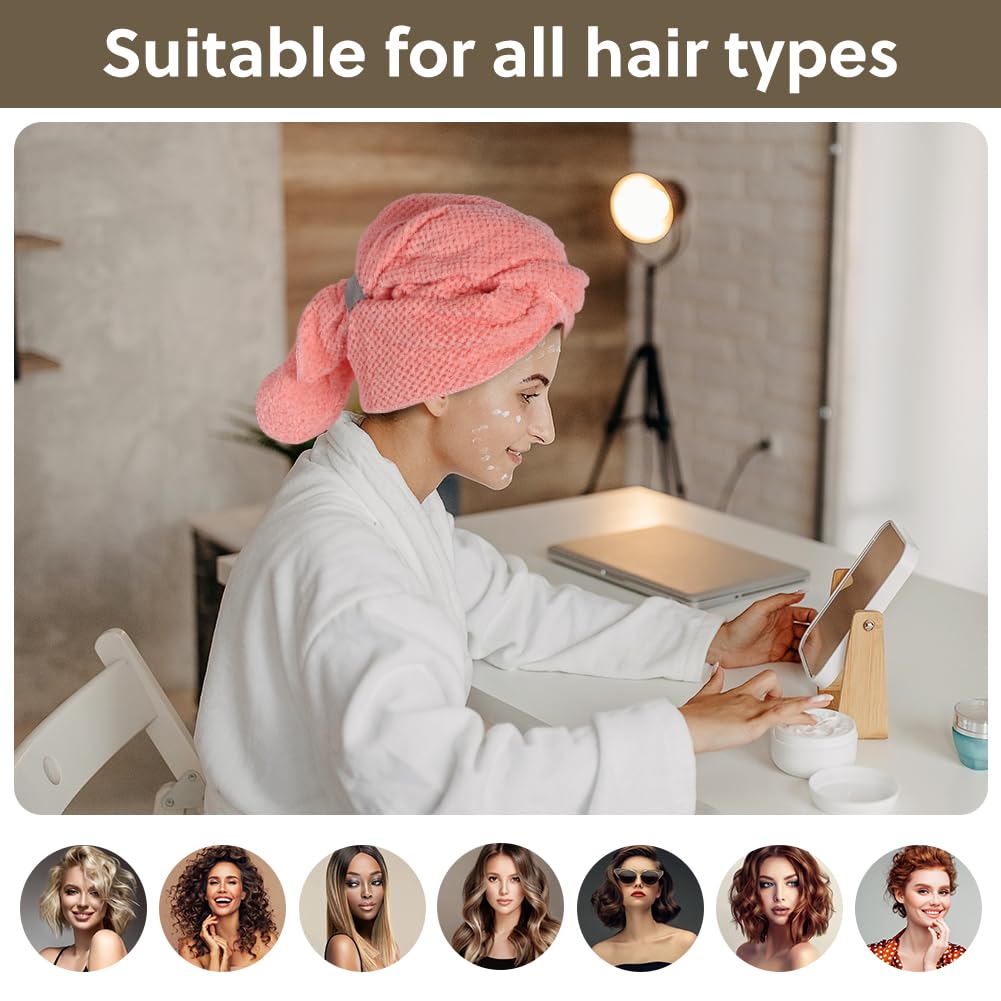 AOOWU Asciugamano Capelli in Microfibra con Texture Waffle, 2 Pezzi Turbante Capelli Morbido con 2 Fascia Elastica, Turbante Asciugacapelli Capelli Super Assorbente, per Donna Capelli Lunghi Ricci