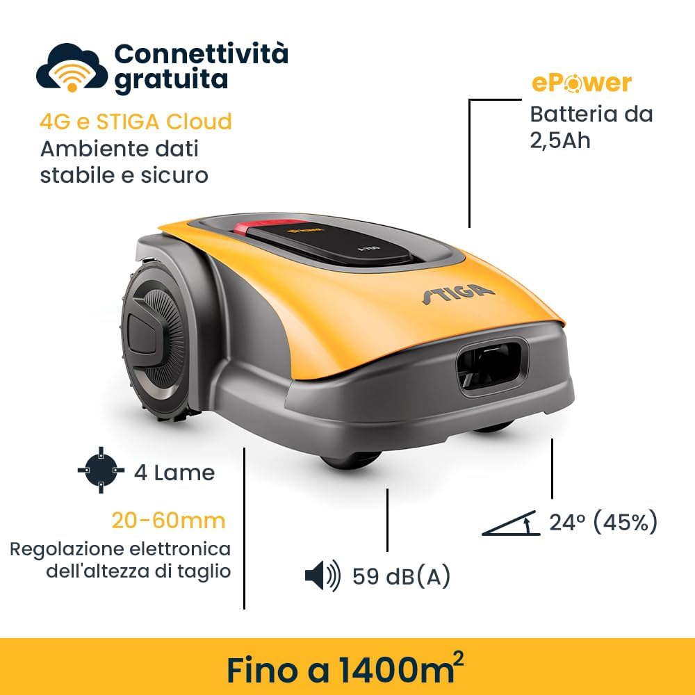 STIGA A 1000 Robot Tosaerba Autonomo, 25,2 V, 180 mm – Navigazione RTK AGS, Senza Filo Perimetrale – Prati fino a 1.400 m²