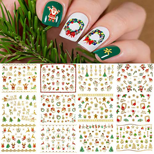 Christmas Nail Stickers - 450+ Patterns 3D Metal Gold Self Adhesive Nail Art Decals Snowflake Snowmen Santa Claus Elk Bell Xmas Tree Nail Decorations for Women Kids (12 Sheets)