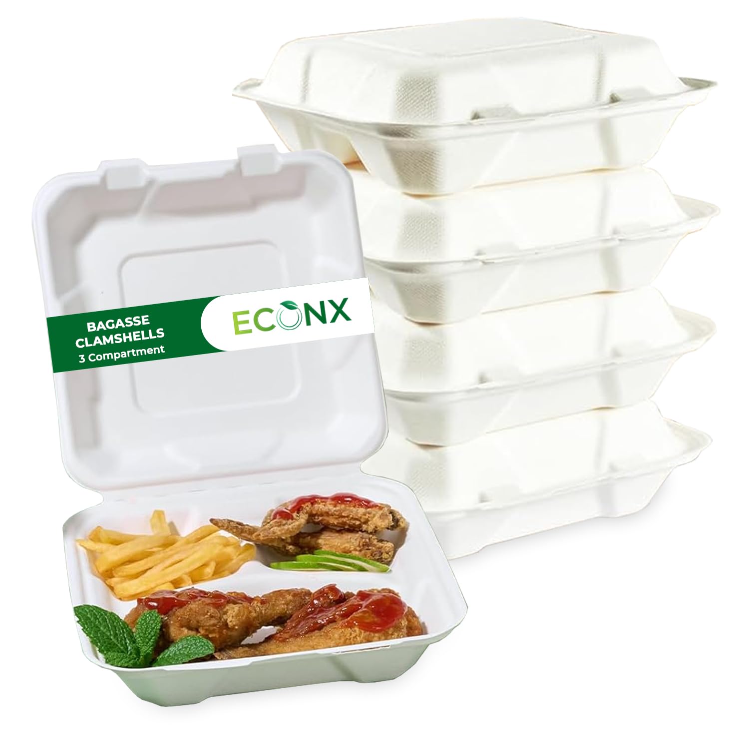 ECONX Eco-Friendly 3 Compartment Bagasse Clamshell Takeaway Boxes 9x9 Inch 100pcs Takeaway Container Compostable Biodegradable Disposable Meal Food Box Container Food Lunch Box