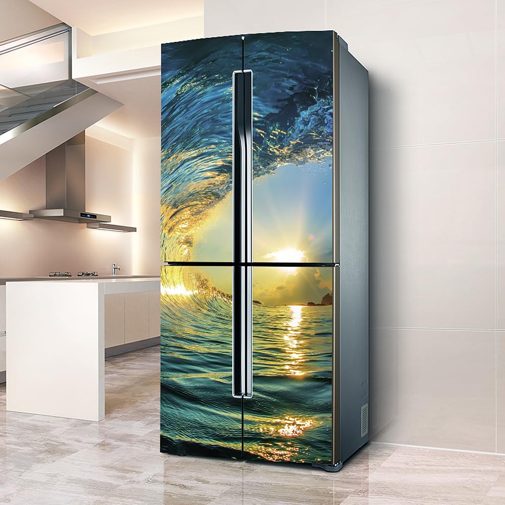 Fridge Sticker, Fridge Sticker Full Covering Door Covers Skins Wall Stickers for Kitchen Decal, Great Wave Sun Sunlight(L: 100x180 cm)