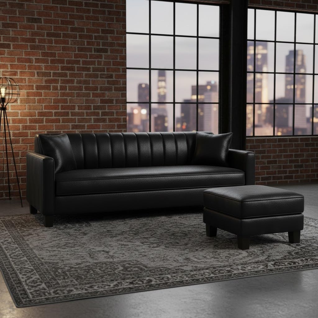 FURNY Avvono 4 Seater Leatherette Modular Sofa Set with Ottoman (Black) Premium Finish-image-49
