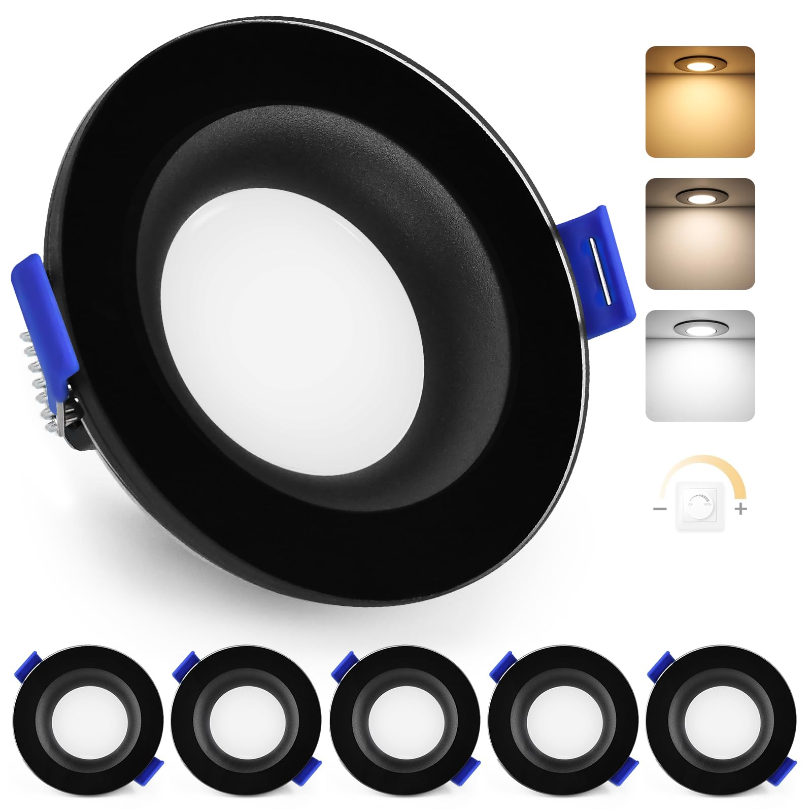 YindaLux LED Einbaustrahler 230V Dimmbar Flach LED Spots 5W IP65 Deckenspots Warmweiß Neutralweiß Kaltweiß Einbauleuchten 68mm 500LM Einbauspots für Badzimmer Wohnzimmer Rund Led Spot Schwarz, 6er Set