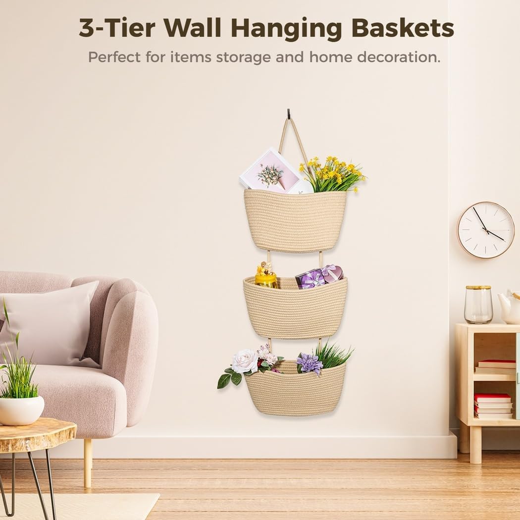 Over The Door 3-Tier Cotton Rope Organizer, Hanging Wall-Mounted Storage Baskets for Bedroom, Bathroom, and Living Room with Detachable Features