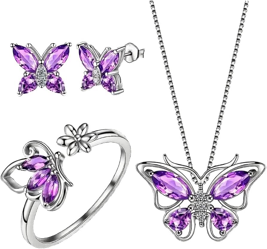 TOFBS 3 Pièces Ensemble Bijoux Papillon Cristal Améthyste Collier Boucles D'oreilles Bague Femme Bijouterie Élégante Argent Brillant