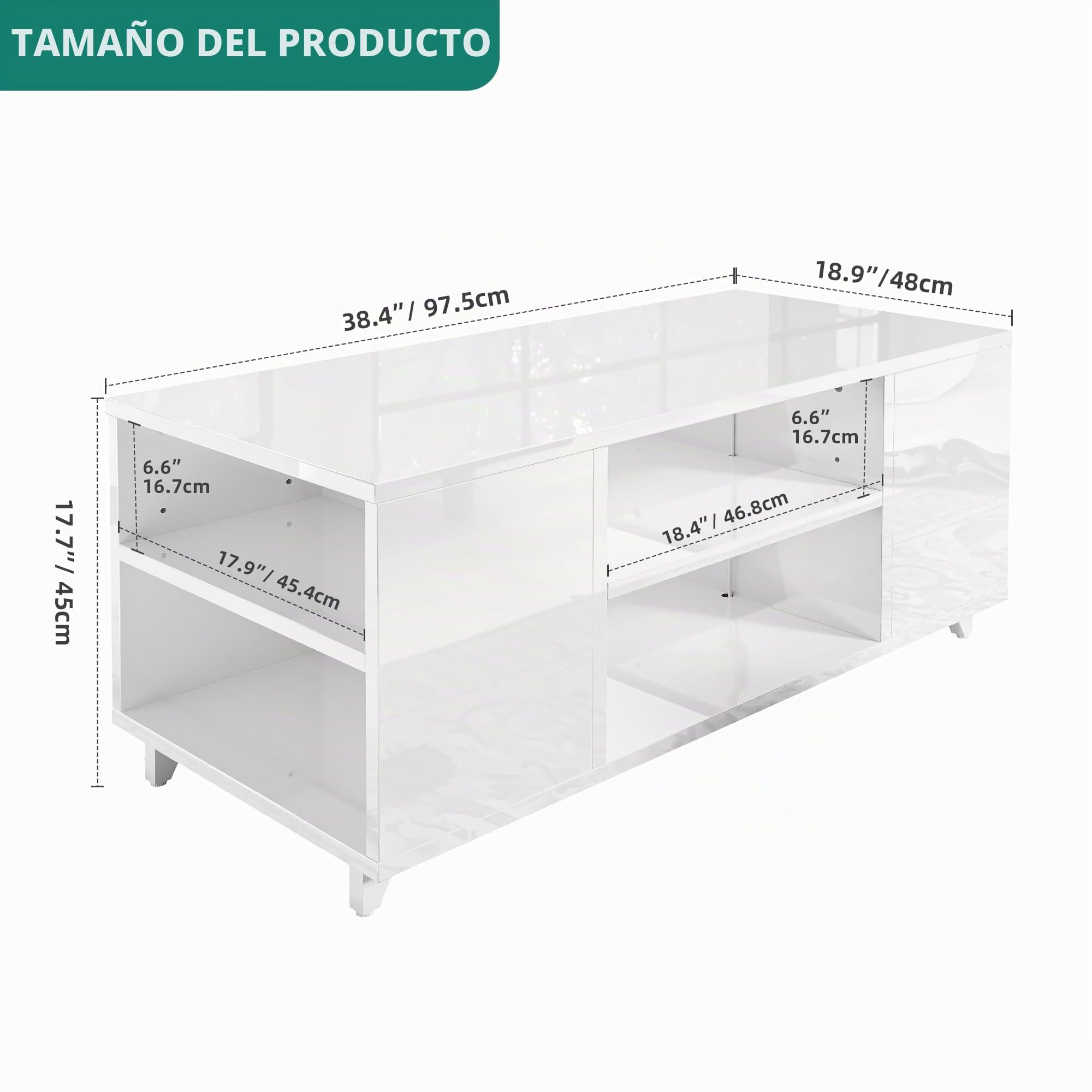 YITAHOME Mesa de Centro Moderna Brillante con Luz LED de 16 Colores, Mesa de Café para Salón con Estante Ajustable, Blanco, 97,5 x 48 x 45 cm