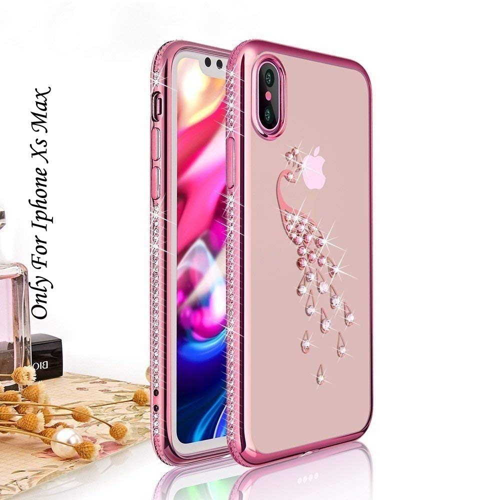 Loxxo® iPhone Xs Max Back Cover Shockproof Silicone Soft TPU Transparent Auora Flower Case with Sparkle for Apple iPhone Xs Max (Diamond Peacock)