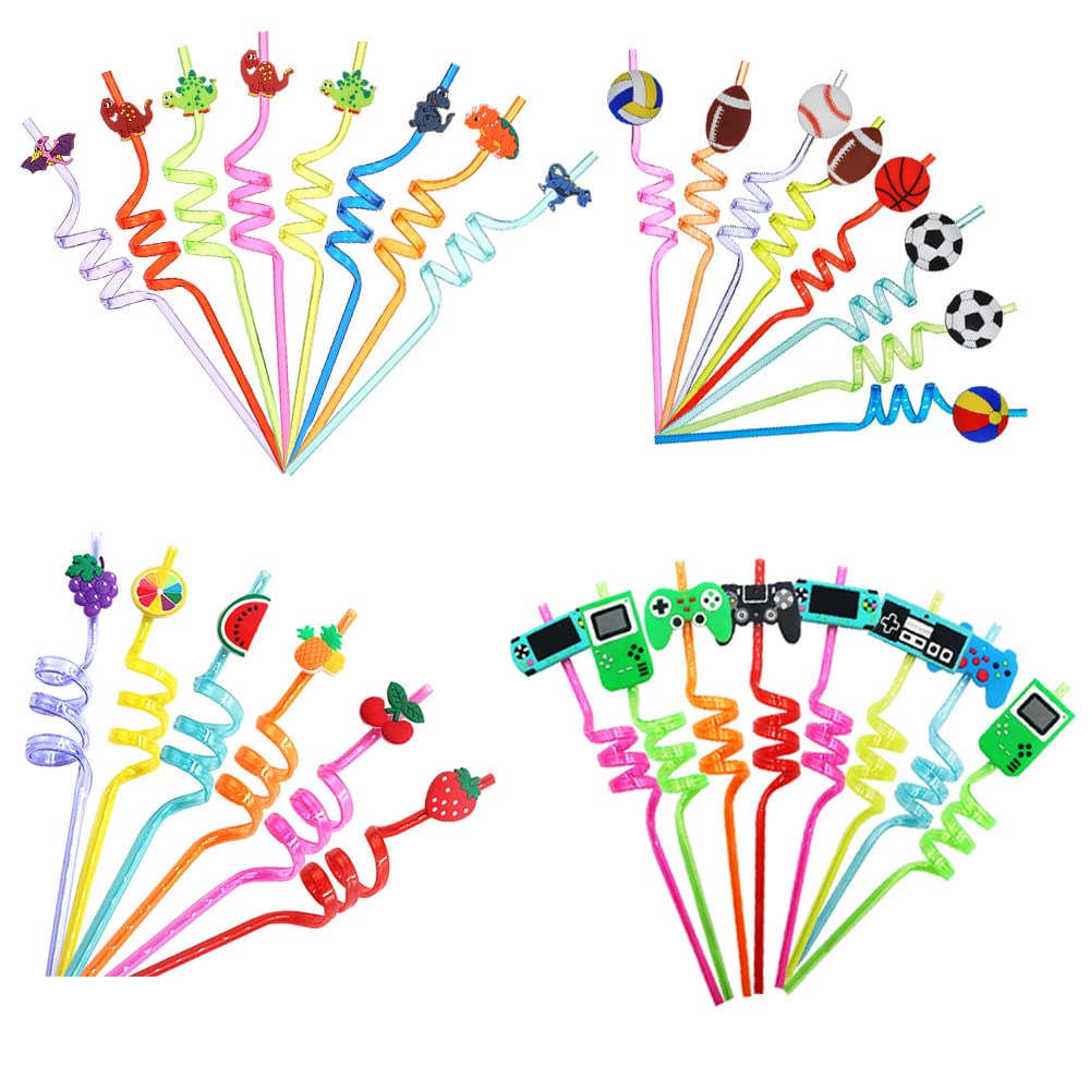 Pack of 30 Reusable Plastic Drinking Straws - Game Controller, Football, Dinosaur and Fruit Straws for Kids Girls Boys Birthday Party Supplies Baby