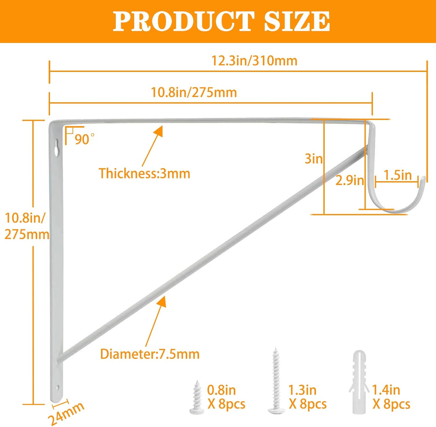 8 Pack Heavy Duty Closet Rod Bracket 11”x11” Closet Shelf & Rod Brackets, Right Angle Closet Shelf Bracket with Rod Holder, Closet Rod Center Support for Revive Your Sagging Rod, Withe
