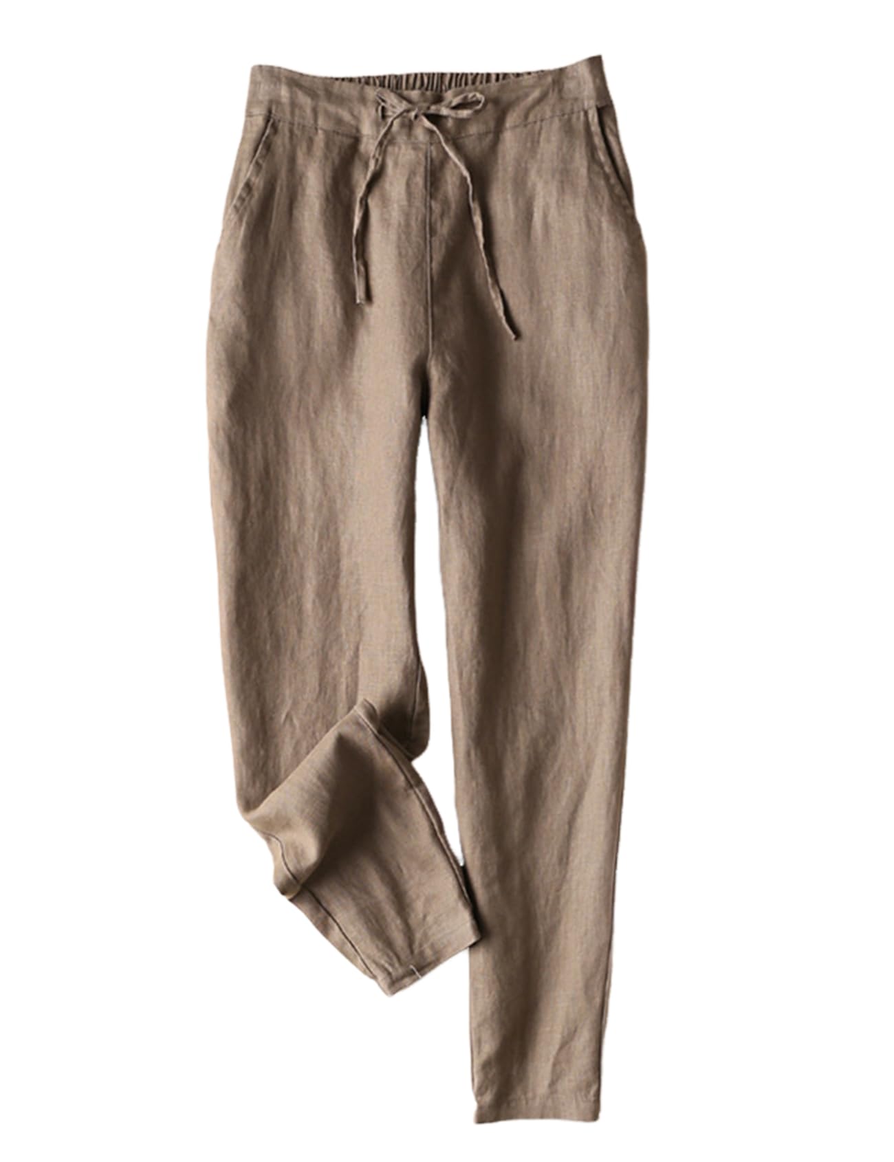 Gihuo Womens Tapered Linen Pants Casual Straight Leg Drawstring Elastic Waist Loose Comfy Joggers Trousers with Pockets