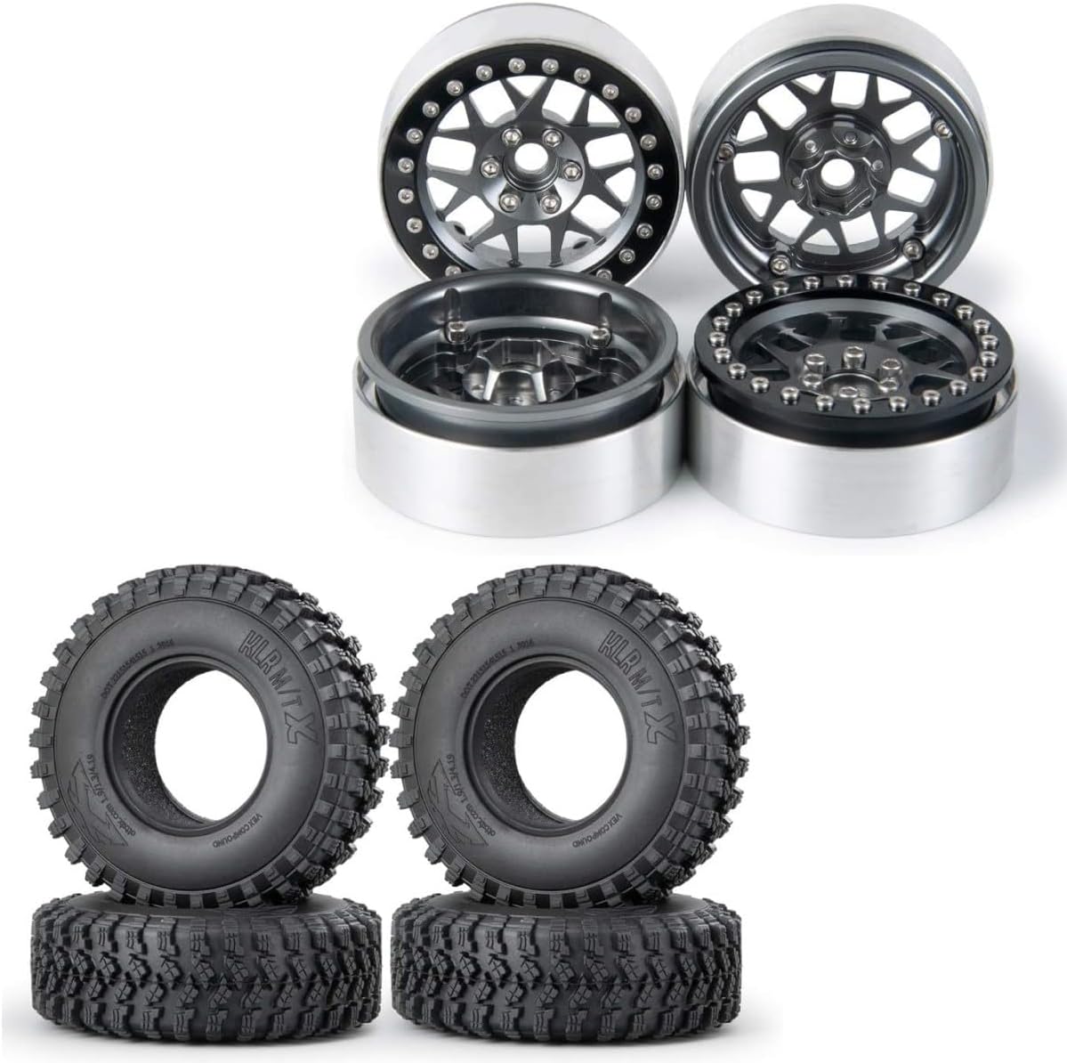 RCLIONS Aluminum Metal 1.9" Beadlock Wheels Rims and Tires for 1/10 RC Crawler Car AXAIL SCX10 III AXI03007,TRX4