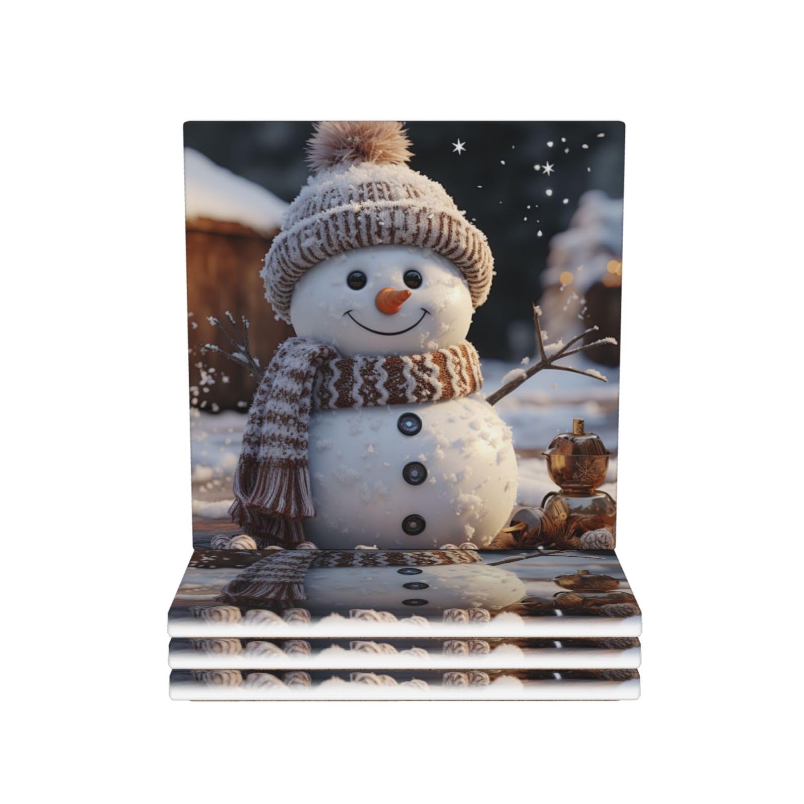 Drink Coasters Set of 4 Ceramic Coaster Snowman Coasters for Drinks Cups Mugs Mat Pads Absorbent Non-Slip Decorative Cup Coaster for Coffee Table Kitchen Bar Home Decor