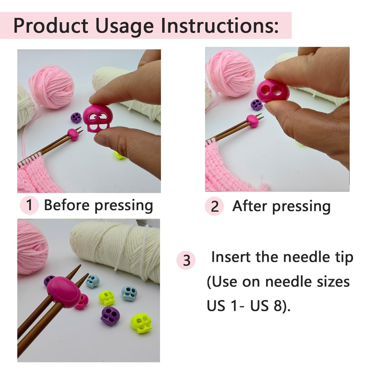 MAGNEECH 8 Pcs Colorful Knitting Needle Stoppers, Double Hole Needle Point Protectors, Huggers - Essential Knitting Accessories in Colorful Hues