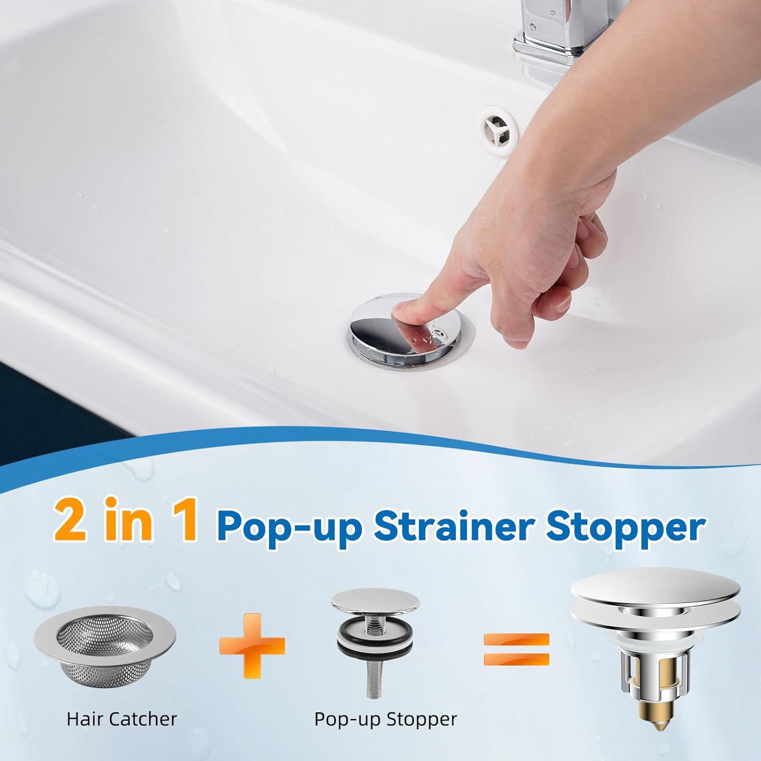 Universal Bathroom Sink Stopper, Metal Pop Up Sink Drain Strainer with Detachable Hair Catcher, Fits 1.1"-2.36" US Basin, Wash Basin Drain Plug with Big/Small Cover Cap, Brass Bounce Core, Chrome