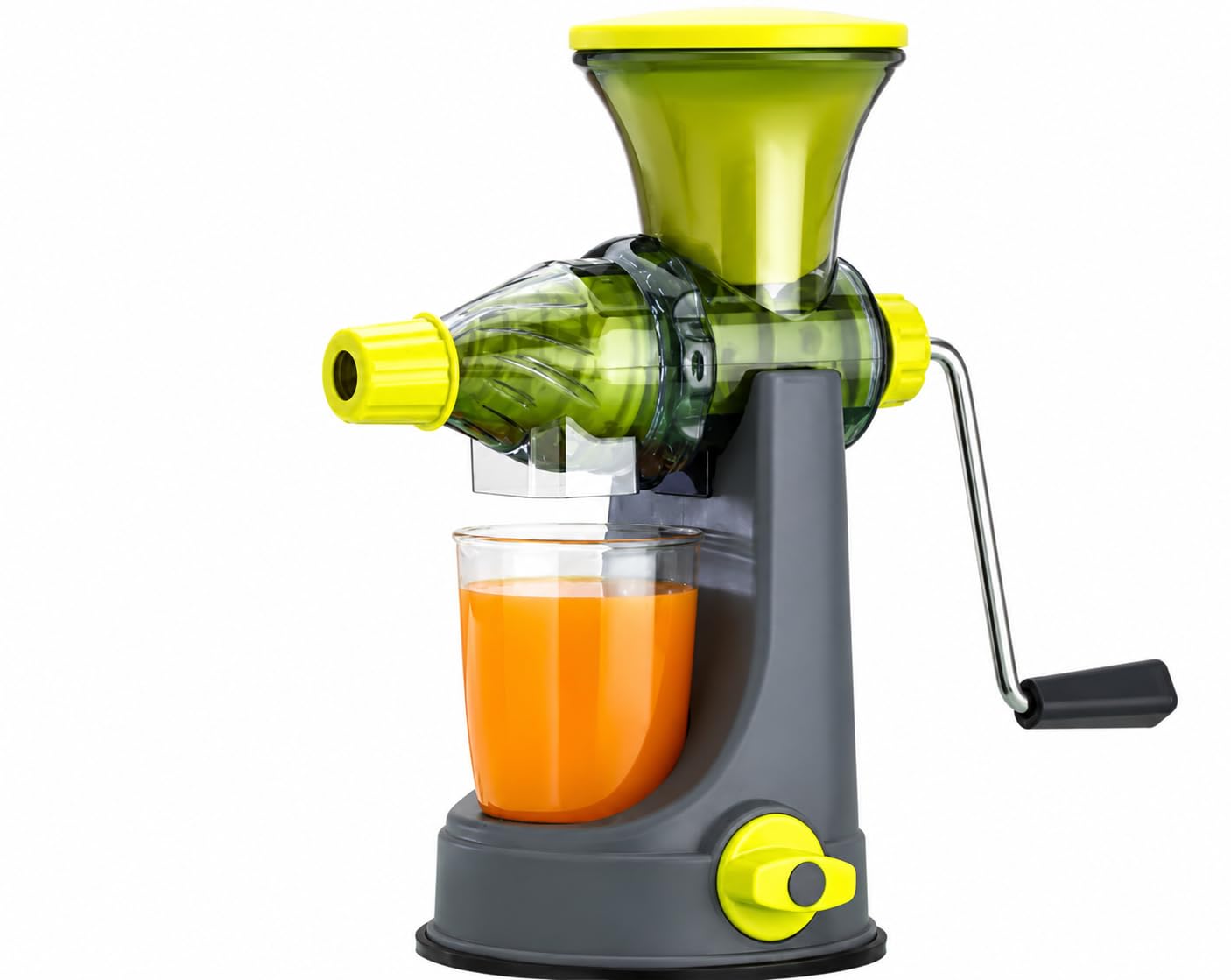 manual hand crank slow juicer with suction base, green & grey | no electricity needed, fruit & vegetable use, suction cup base, easy to clean, includes juice cup