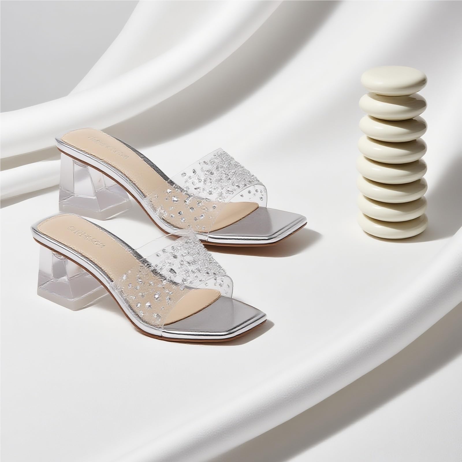 Sandali da donna con strass trasparenti, sottili, tinta unita, punta quadrata, pantofole tacco alto for le donne Per la Festa Serale di Nozze