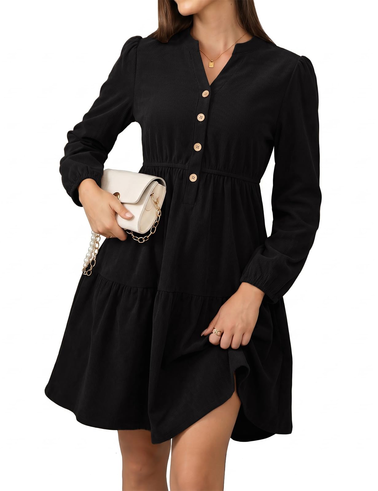 Robe Manche Longue Femme Robe Col V Chic et Elegant pour Automne Hiver