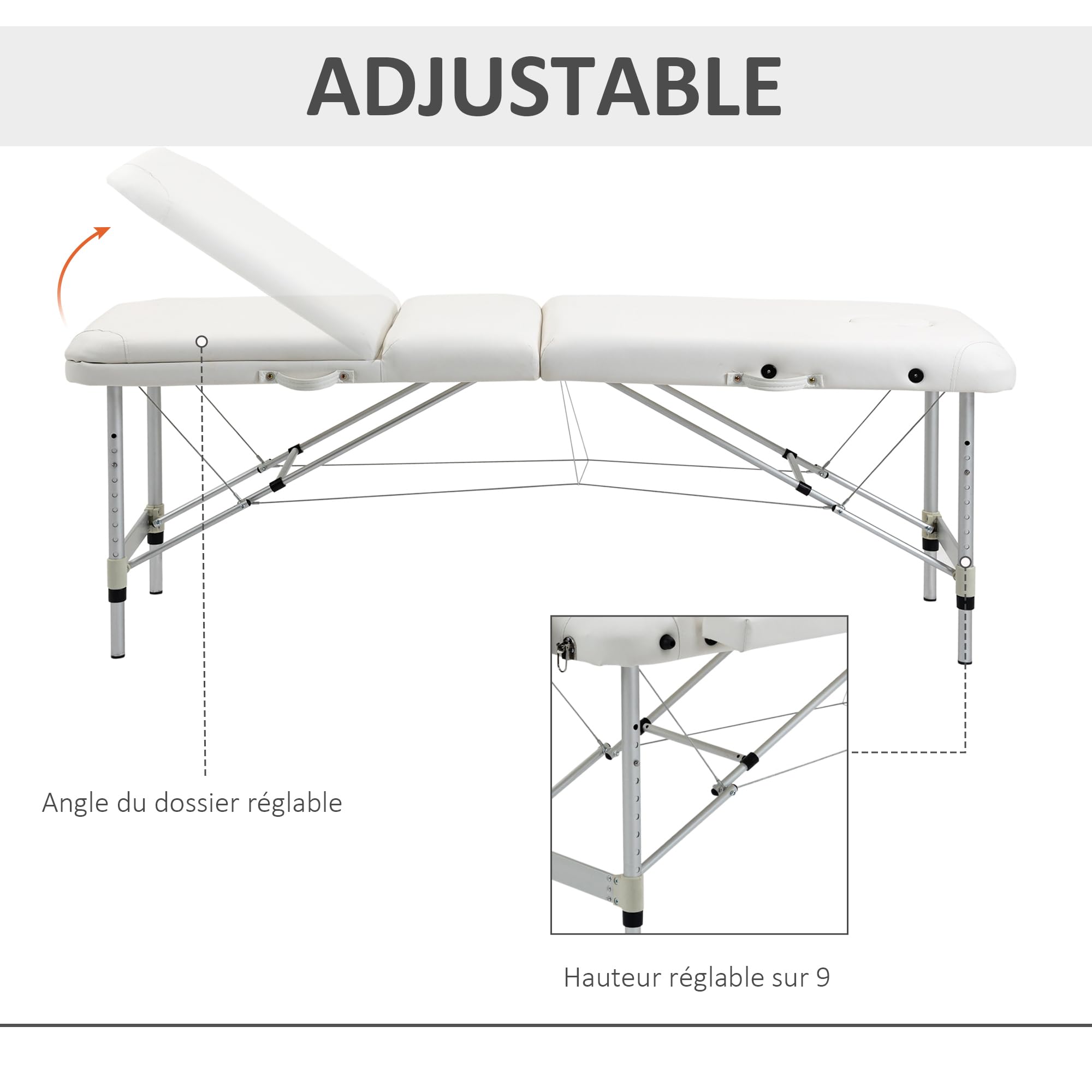 HOMCOM Table de Massage Pliante Charge Max. 225 Kg Blanc | Hauteur Réglable, Cadre en Alliage d'Aluminium, Cosmétique, Lit de Massage Portable