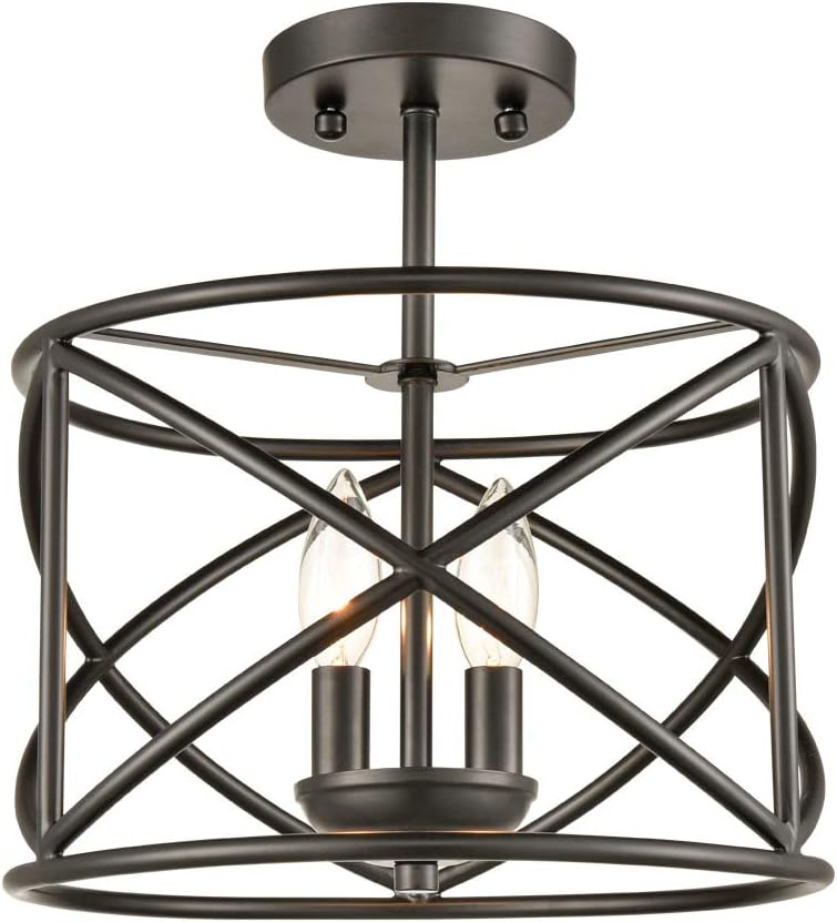 Industrial Metal Drum Black Semi-Flush Mount Ceiling Light for Dining Room, Kitchen, Hallway, Entry, Foyer, Living Room,2-Light
