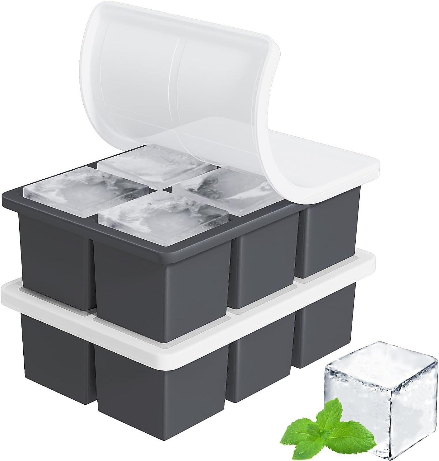 Large Ice Cube Tray for Whiskey: FDDBI Silicone Ice Cube Trays with Lid - 2Pack Big Square Old Fashioned Ice Cube Maker for Cocktail - 2inch Huge Cubed Ice Trays for Whisky - Thumbnail 2