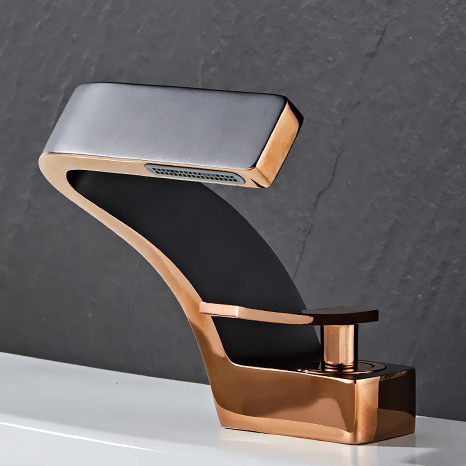 Zbbdfazd Black + Rose Gold Bathroom Sink Mixer Tap, Brass Waterfall Basin Faucet, Single Lever Design