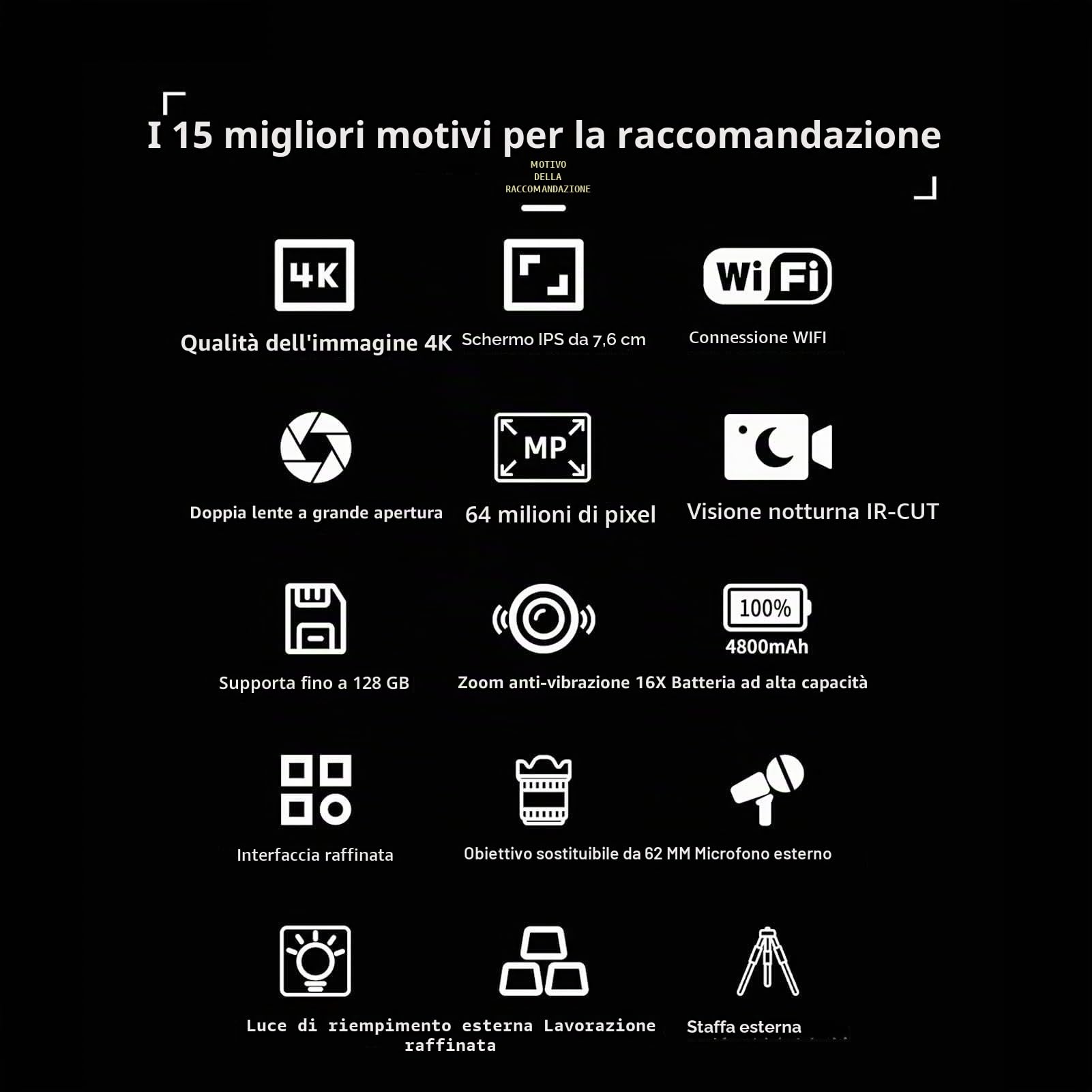 Fotocamera Digitale 4K da 64 MP con Microfono, Videocamera HD per Visione Notturna WIFI con Luce di Riempimento, Zoom Digitale 16x, Schermo IPS da 3,0 Pollici, Videocamera per