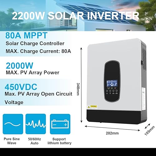 Miniatura 5 de Inversor híbrido solar de 2200 W DC12V a AC230V, inversor de onda sinusoidal pura fuera de la red con cargador solar MPPT de 80 A + cargador de CA,